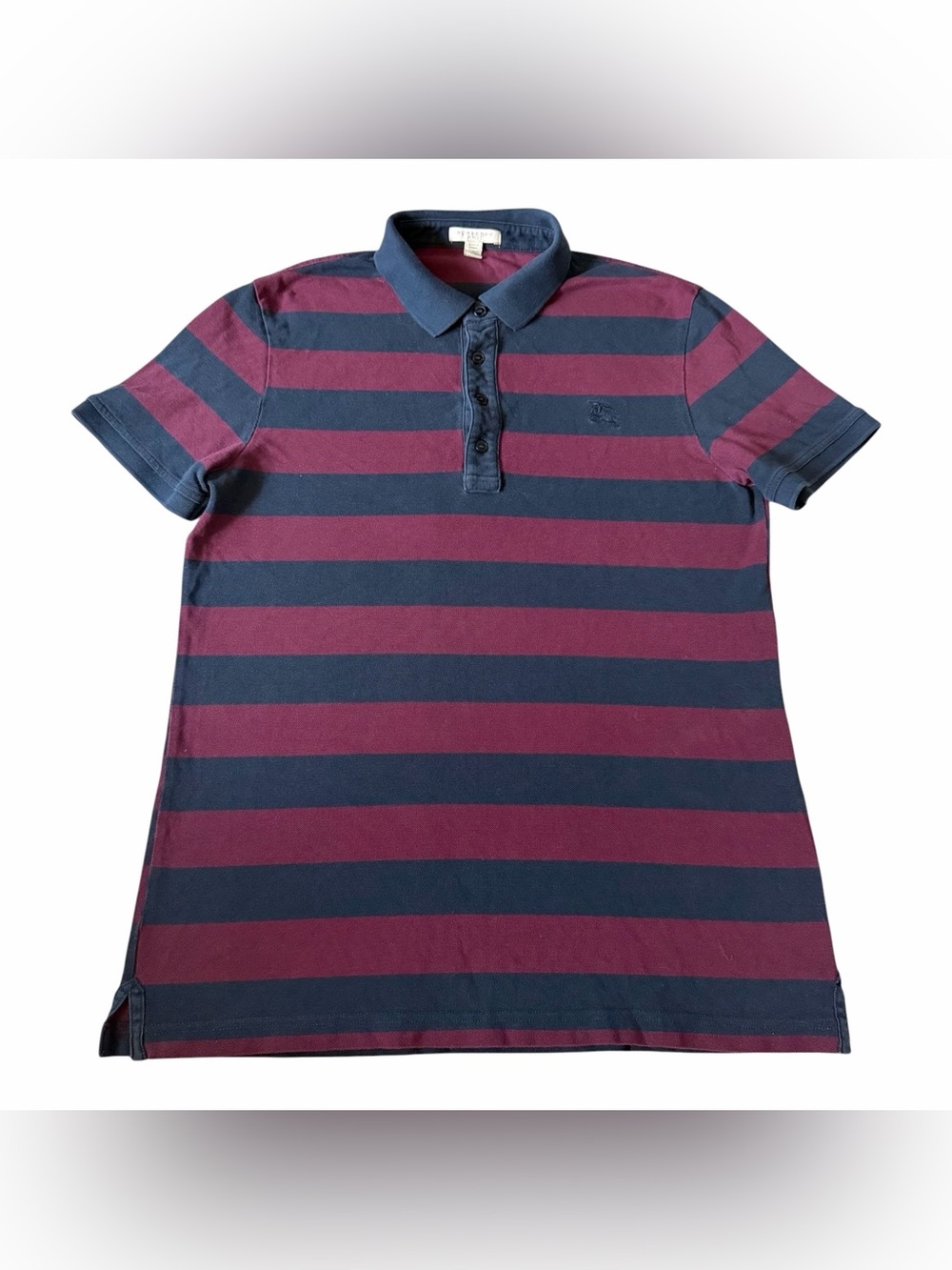 Vintage Burberry Brit Men’s Striped Polo Shirt Sz L Blue Burgundy Fits Slim (M)